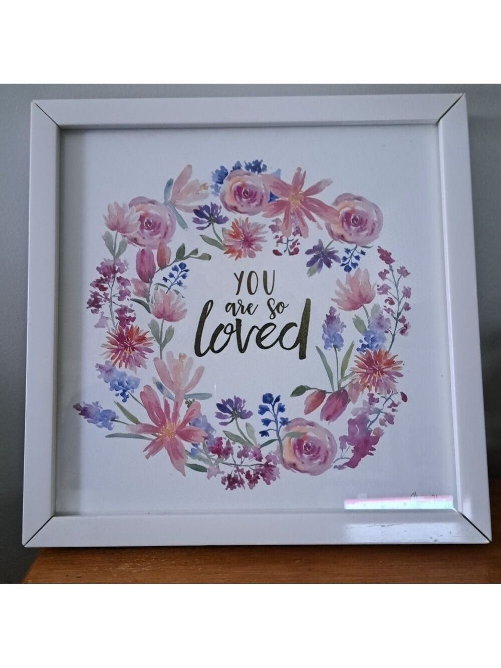 YOU ARE SO LOVED framed art glass wood frame white pink floral nursery print